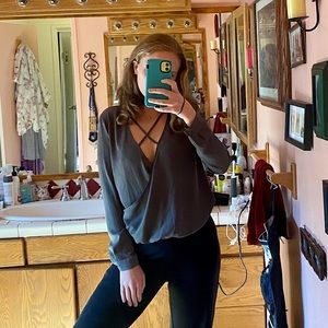 navy green cross neck long sleeve blouse